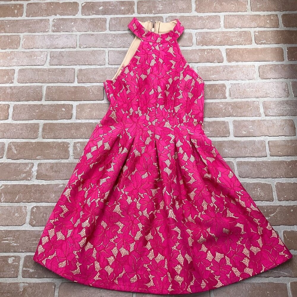 Lulus Dress Women Small Pink Nude Lined Floral Lace Halter Pleat Party Prom Wed